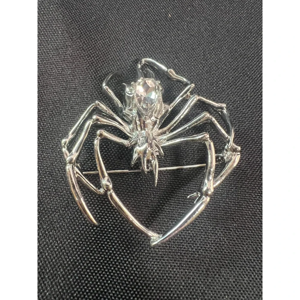 Large Silver‎ Tone Spider Brooch Clear Rhinestone Statement Halloween Gothic